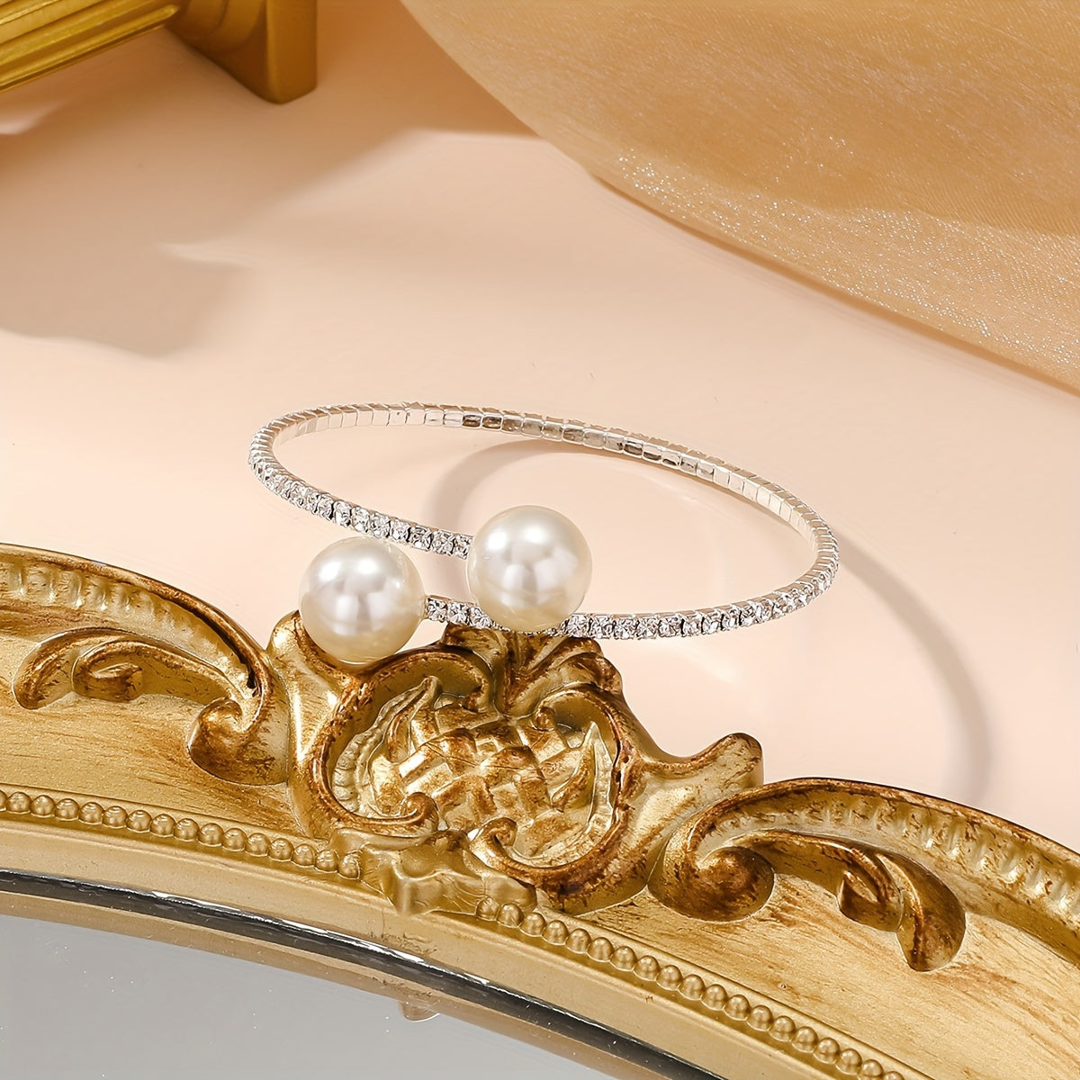 Ferelya | Women's Vintage Pearl Cuff Bracelet with Rhinestones | Gold