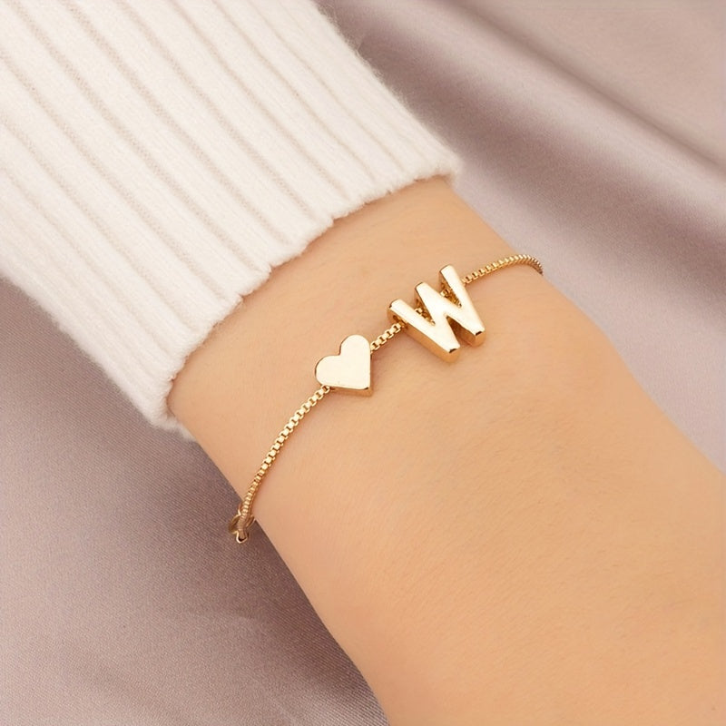 Liora | Women's minimalist heart bracelet with letter beads | Gold