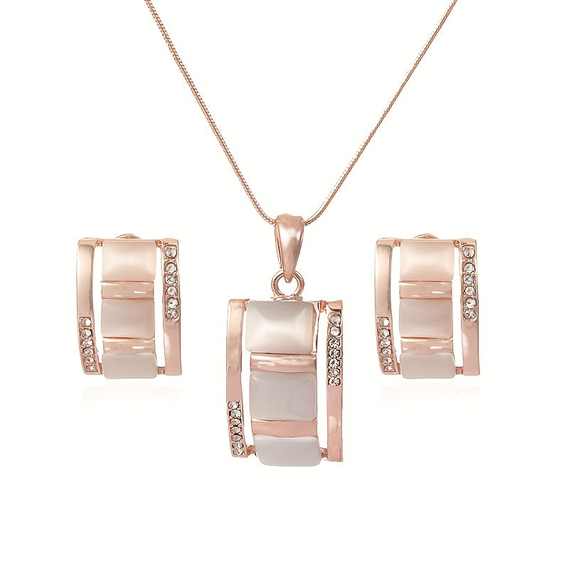 Roseliah | Women's elegant jewelry set with opal and rhinestones | Rose gold & White