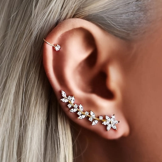 Floranya | Women's bohemian flower earrings with crystal accents | Gold