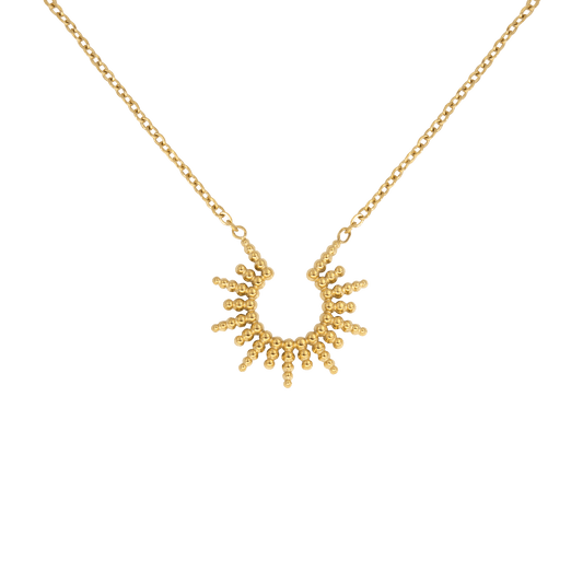 Minimalistische gouden Feel Grace ketting met een uniek zonvormig ontwerp. Deze verfijnde ketting straalt elegantie uit en is perfect als statement sieraad of in combinatie met andere kettingen. Een tijdloos accessoire voor elke gelegenheid.