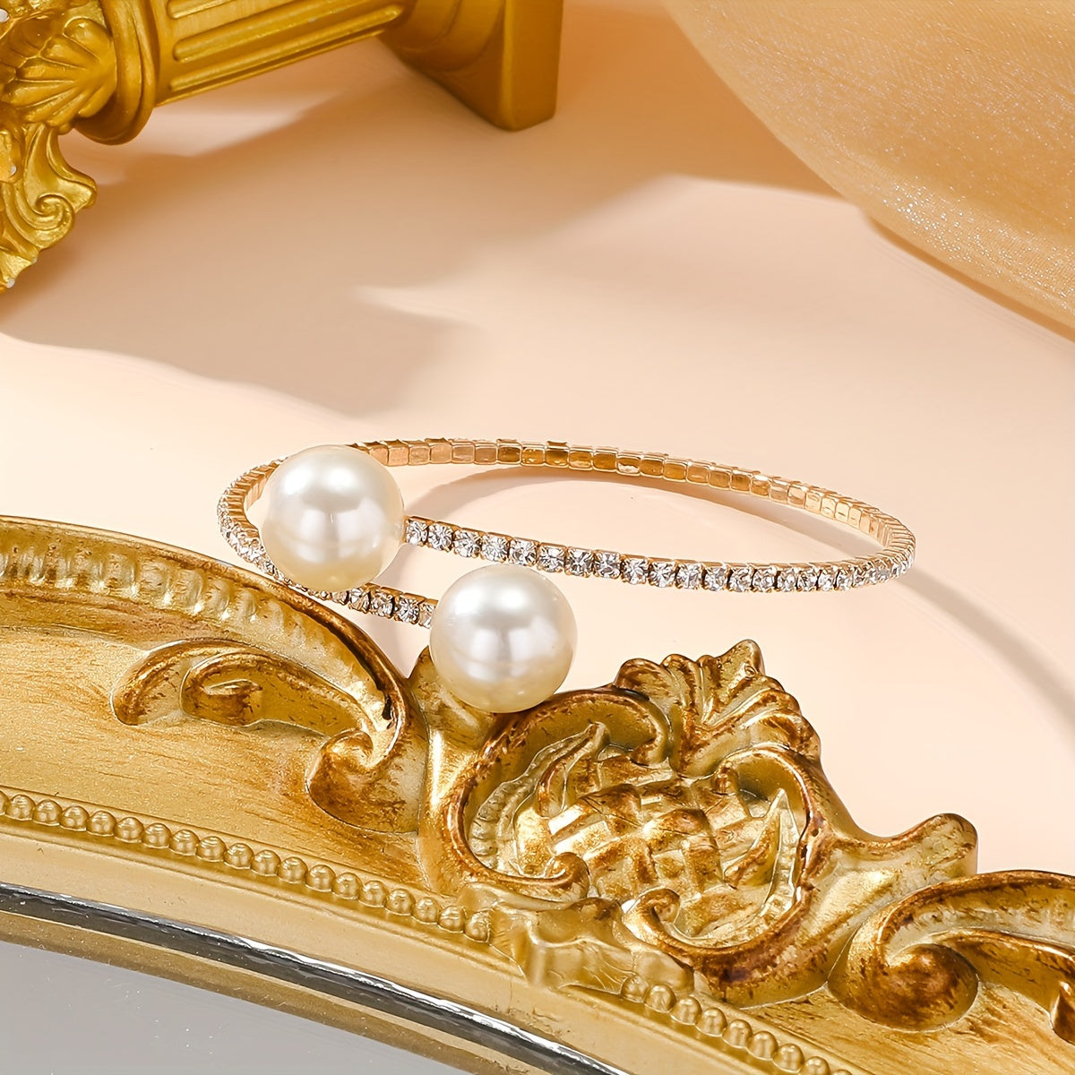 Ferelya | Women's Vintage Pearl Cuff Bracelet with Rhinestones | Gold