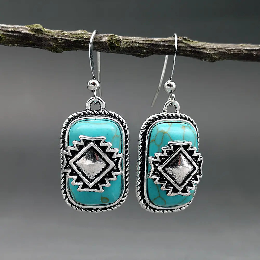 Ethnic Silver-Plated Turquoise Stone Earrings