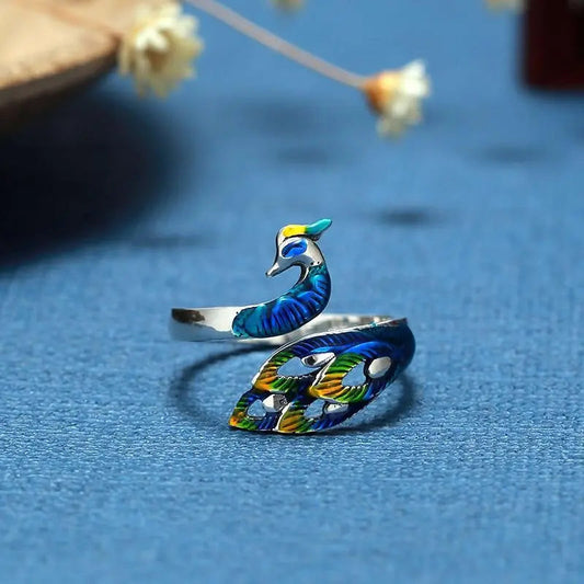 Hand-painted Peacock Adjustable Ring in Sterling Silver
