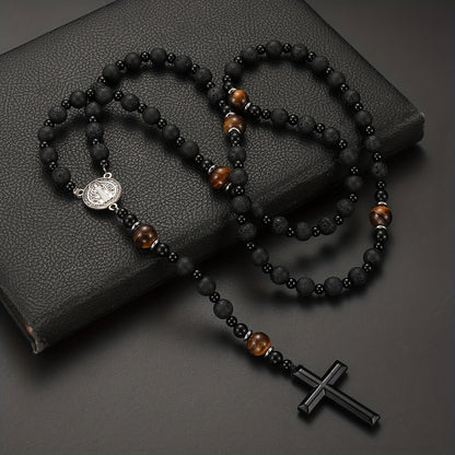 Dravon | Unisex Spiritual Bead Necklace with Cross | Black