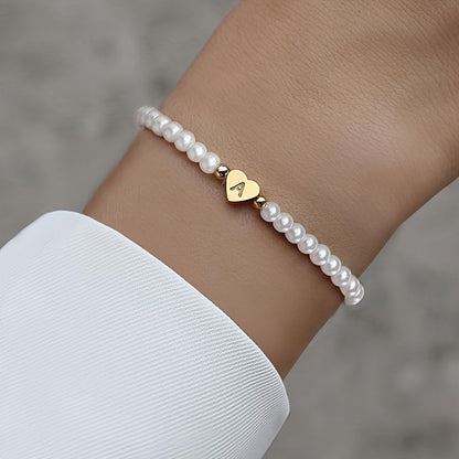 Alenora | Women's Personalized Pearl Bracelet with Initial Charm | Gold