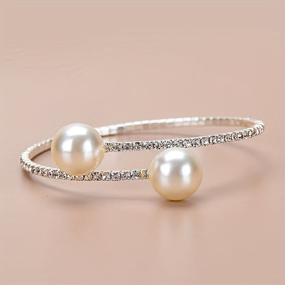 Ferelya | Women's Vintage Pearl Cuff Bracelet with Rhinestones | Gold
